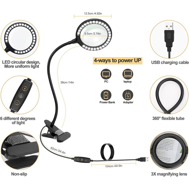 Suurennuslasi valolla ja pöytäkiinnitys